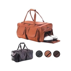 Extra Large, Leather Pocket Duffel With Side Strap, Top Handle And Shoulder Strap