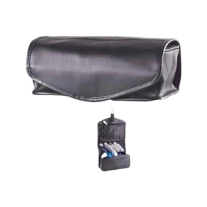 Leather Hanging Toiletry Case With Three Separate Zippered Compartments