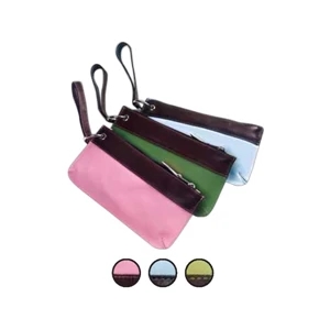 Colored Leather Wristlet Pouch With Cafe Brown Leather Accents And Piping