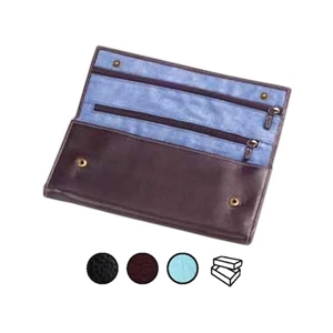 Leather Jewelry Roll With Three Interior Zipper Pockets And Snap Pocket