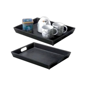 Leather Serving Tray With Cut Out Handles And Contrast Stitch Detailing