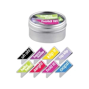 Keepaklip Paper Clips With 8 Stock Art Designs Inside A Metal Tin With Clear Lid