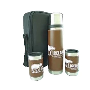 Gift Set With 25 Oz. Thermos With Brown Leather Wrap And Travel Tumblers