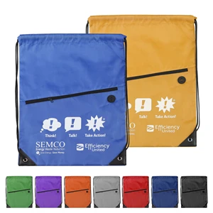 Custom Logo 210D Drawstring Backpack w/ Zipper Pocket & Earbuds Slot