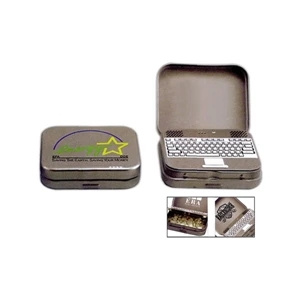 Laptop Tin, 2 3/4" X 2 1/4" X 3/4" In Silver Filled With Green Tea Mint Candy
