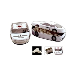 Car Shaped Tin In White Filled With Small Peppermints Or Cinnamon Flavored Mints