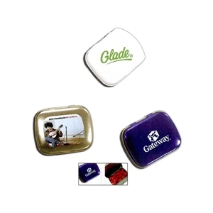 Mini Hinged Tin In Silver, White Or Blue Filled With Chocolate Flavored Mints
