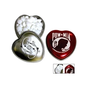 Pocket Size Heart Shaped Tin In Silver Or Red Filled With Small Peppermints