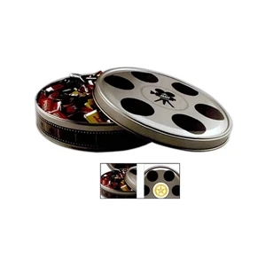 Large Movie Reel Shaped Tin In Silver Filled With Miniature Snickers Bars