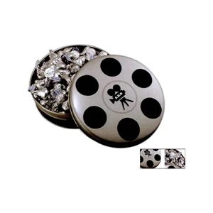 Small Movie Reel Shaped Tin In Silver Filled With Honey Roasted Peanuts