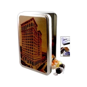 Large Rectangular Tin In Silver With Hinged Lid Filled With Bite Sized Cookies