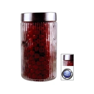Large Round Glass Jar With Stainless Steel Lid Filled With Bite Size Cookies