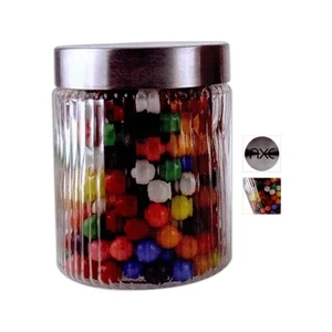 Small Line Round Glass Jar With Stainless Steel Lid Filled With Hard Candy