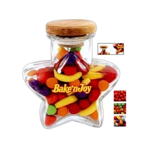 Small Star Shaped Glass Jar With Wood Top Filled With Candy Covered Chocolate