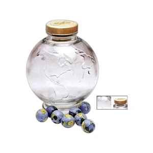 Large Globe Glass Jar, 6" X 4 1/2" Dia. With Wood Top Lid Filled With Hard Candy