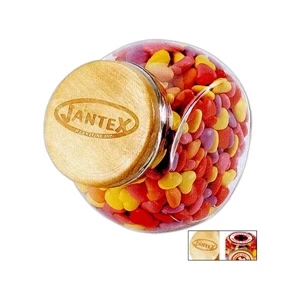 Old Fashion Desktop Glass Candy Jar With Wood Lid Filled With Salt Water Taffy