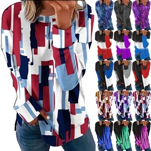 Long Sleeve Round Neck Casual Printed Blouses Tops T Shirts