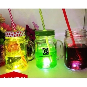 LED Light Mason Glass Mugs With Handle And Straw