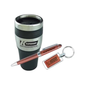 Combo Pack Gift Set With Ballpoint Pen, Wooden Keychain, And 16 Oz. Travel Mug