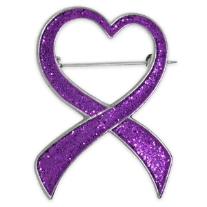 Purple Glitter Heart Awareness Ribbon Brooch