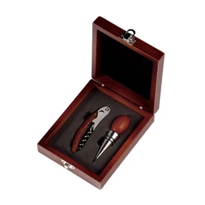 Vintage Burgundy Wine Set - Two Piece Wine Accessory Kit, Comes In A Satin Rosewood Finish Wood Box