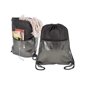 Metallic Non-woven Drawstring Backpack, Front Zippered Pocket Made With Aluminum