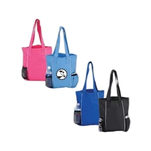 Two Bottle Tote Bag With Piping Trim, Matching Material And Color Shoulder Straps