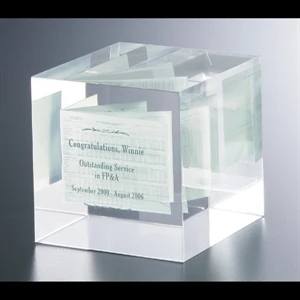 Lucite (r) - Blank Goods. Cube Shape Custom Award With Miniature Booklet Inside, 4" X 4" X 4"