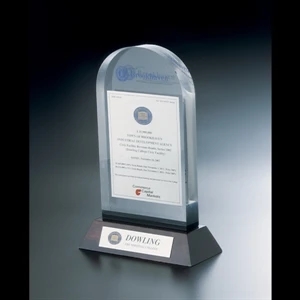 Lucite (r) - Blank Goods. Clear Rounded Top Embedment Award With Mahogany Base