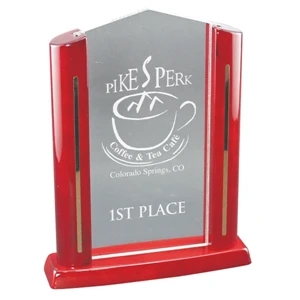 Cathedral - Clear Acrylic Award With Rosewood Piano Finish Base And Frame With Gold Inlays