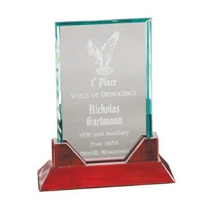 Prestige - Rectangle 8-3/4" Award - Glass Award, 3/8-inch Thick, On A Rosewood Piano Finish Base