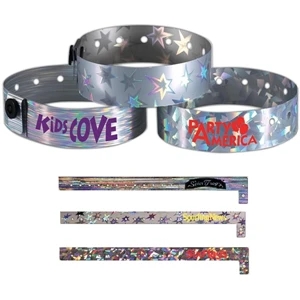 Metallic Wristband With Holographic Designs On Shiny Silver Tri-laminated Material