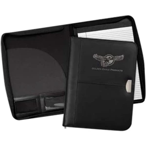 Achiever - Black Bonded Leather Zippered Padfolio With Silver Metal Accent