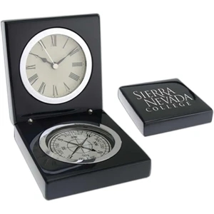Magellan Windsor Collection - Clock With Compass In Black Piano Wood Box