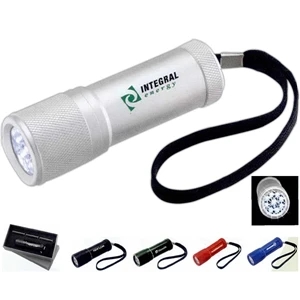 Mars - Aluminum Flashlight With 9 White Led Lights. Push Button On/off Power Switch