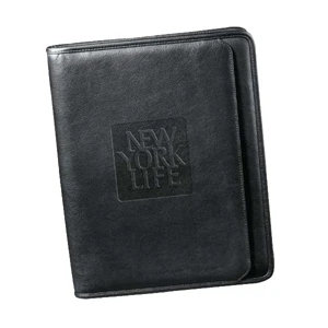 Manhattan - Genuine Pebble Grain Leather Zippered Padfolio With Pad And Gusseted File Pocket