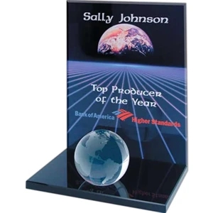 Nanobrite (c) - Crystal Clear Plaque Award On A Black Glass Base With Optical Crystal Globe