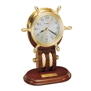 Britannia - Polished And Lacquered Solid Brass Ship's Wheel Clock Rests On A Mahogany Base
