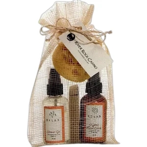 Drawstring Case Contains Organic Body Lotion, Botanical Shower Gel, Soap & Sponge