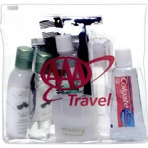 Clear Vinyl Zip Lock Style Case Comes With Shampoo, Lotion, Deodorant And More