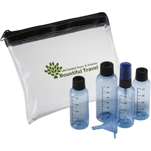 Travel Kit With Four Colored Bottles And Funnel To Transfer Liquids