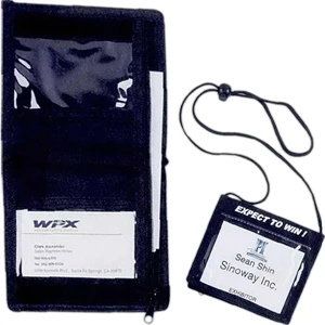 Nylon Bi - Fold Neck Wallet With Clear Badge Holder In Front And Slip Pocket
