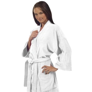 White - Cotton Terry Velour Kimono Robe With 3/4 Length Sleeves And Multi-needle Stitching