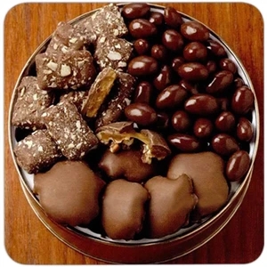 Chocolate Almonds, Pecan Caramel Patties And English Toffee In Custom Round Tin
