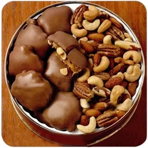 Deluxe Mixed Nuts And Peanut Caramel Patties In An 8 1/8" X 3" Designer Gift Tin
