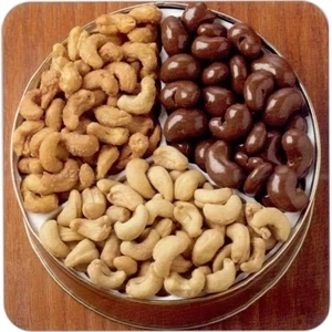 Honey Roasted, Jumbo And Chocolate Cashews In An 8 1/8" X 3"designer Gift Tin