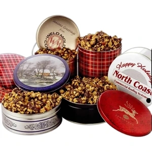 40 Ounces Of Chocolate Covered Caramel Popcorn In A 1 Gallon Designer Gift Tin