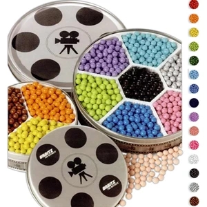 Sixlets In Small Movie Reel Tin With Three Colors. Net Weight: 1 Lb. 2 Oz