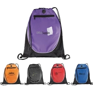 Peek - Drawstring Cinch Backpack With Earbud Port, Zippered Pocket And Mesh Trim