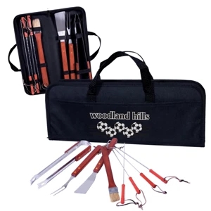 Eight Piece Barbecue Set With Stainless And Hard Wood Utensils In Black Case
